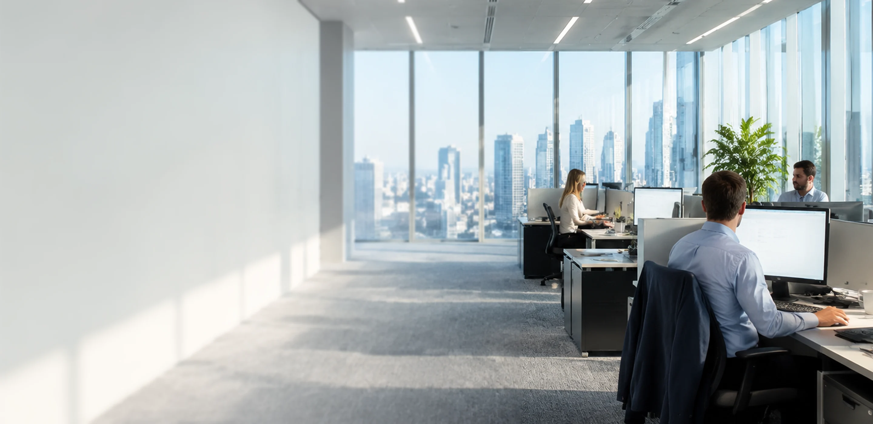 Bright office with people working beside city windows