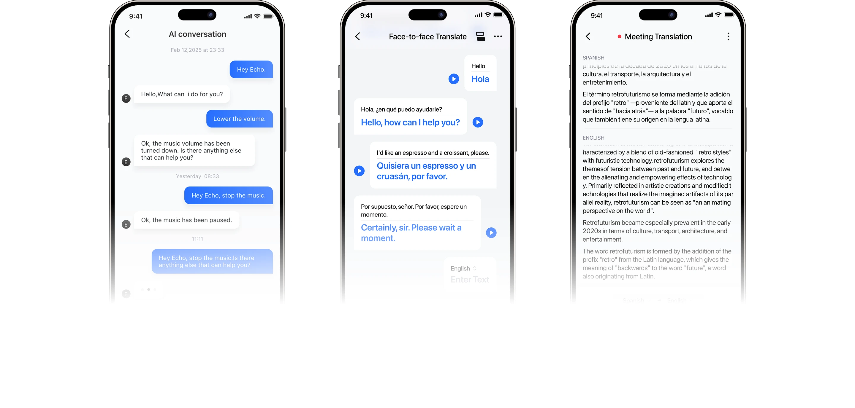 Three Headii app screens showing AI conversation, translation, and meeting translation